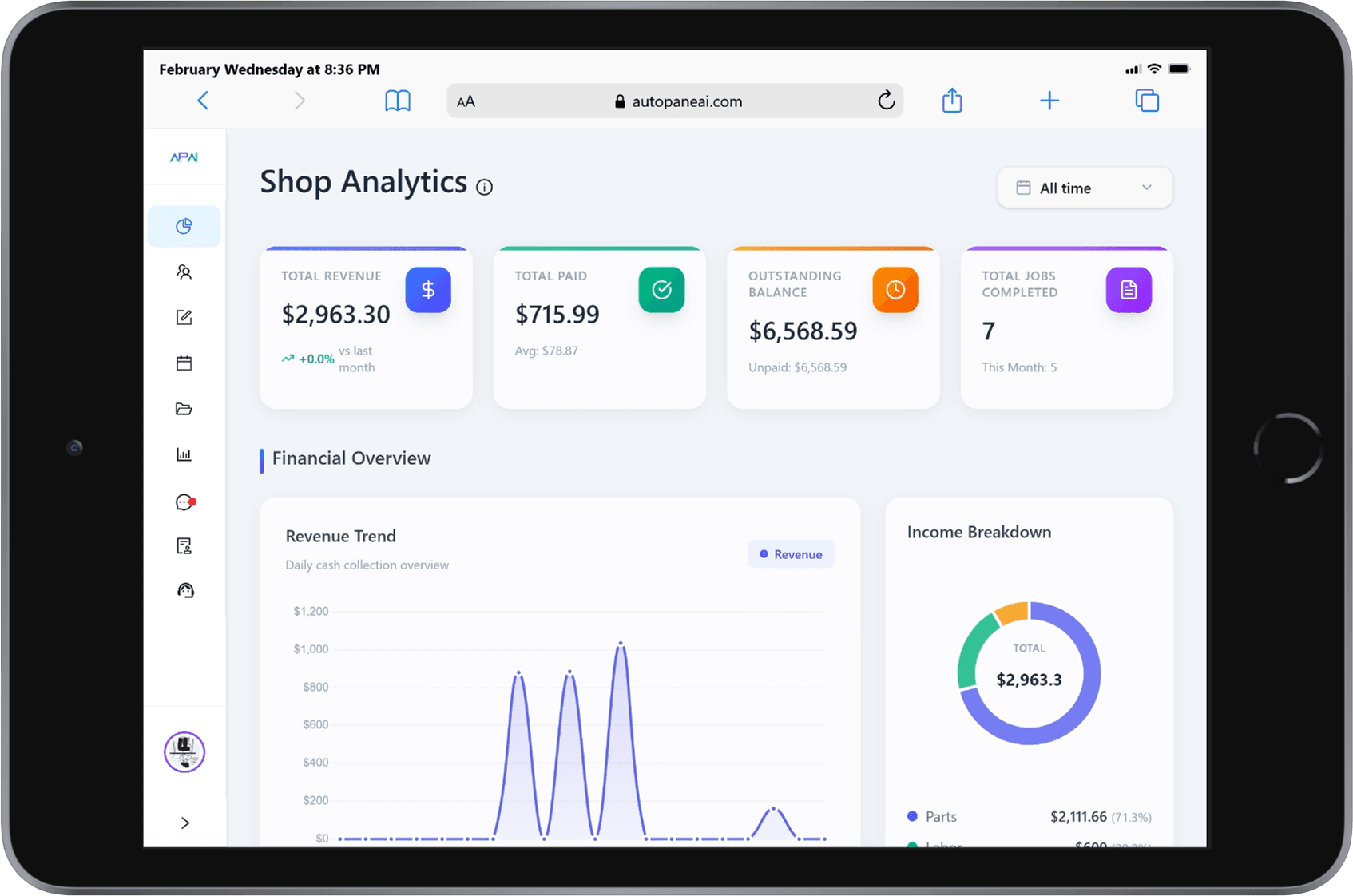 APAI auto glass shop analytics tablet mockup