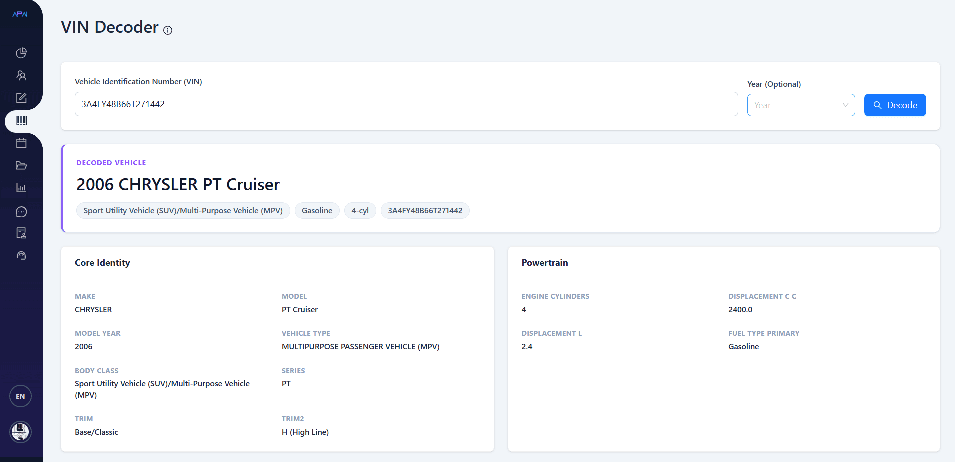 VIN Decoder & Automatic Vehicle Identification primary detail screenshot