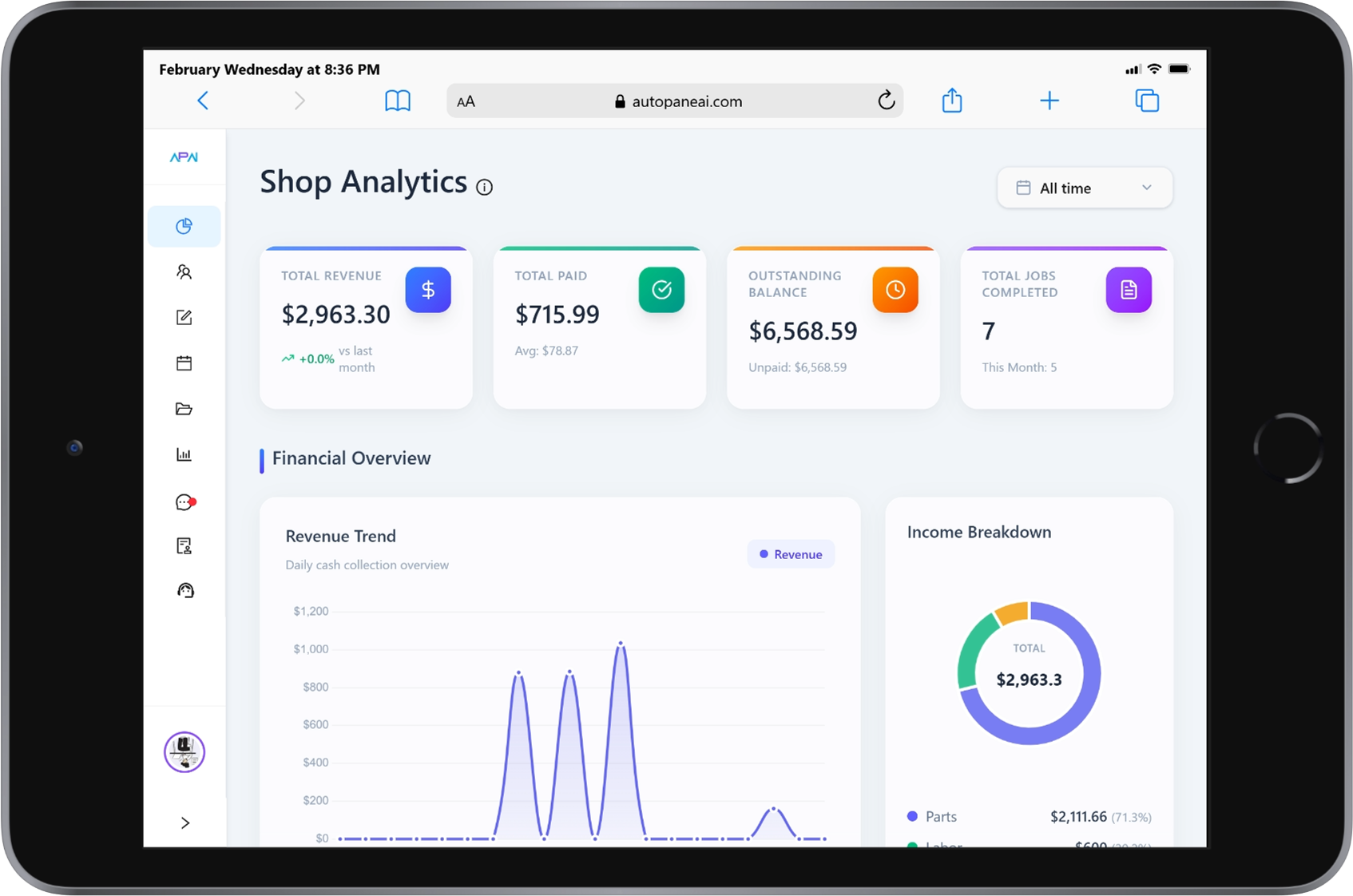 APAI auto glass shop analytics tablet mockup